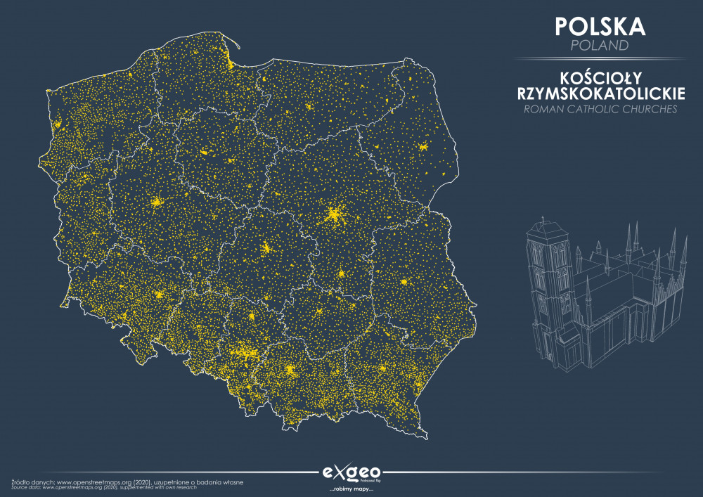 mapa religijna, mapa kościołów, kościoły w Polsce, chrześcijaństwo, exgeo, kartografia